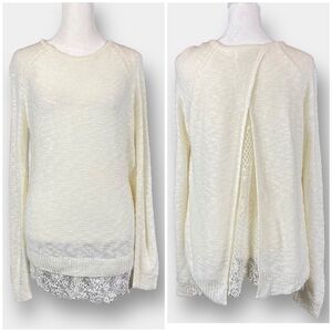 Lace Back Vented Sweater Long Sleeve Cream Size Large